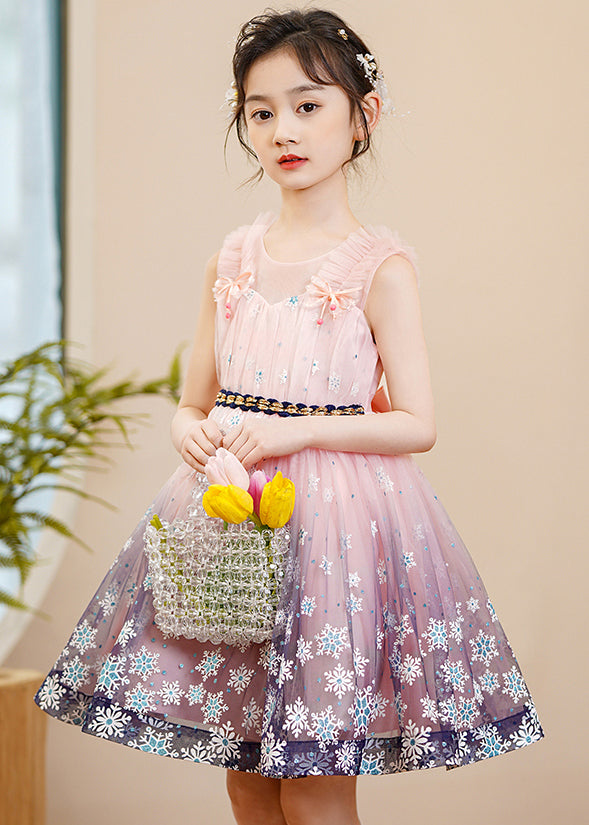 Cute Pink Print Gradient Color Exra Large Hem Tulle Kids Girls Robe Dresses Summer