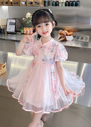 Cute Pink Print Wrinkled Patchwork Tulle Kids Girls Dresses Summer