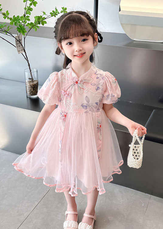 Cute Pink Print Wrinkled Patchwork Tulle Kids Girls Dresses Summer