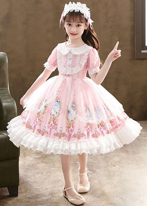 Cute Pink Ruffled Cartoon Print Patchwork Chiffon Kids Girls Princess Dress Summer