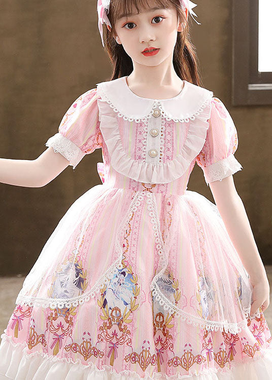 Cute Pink Ruffled Cartoon Print Patchwork Chiffon Kids Girls Princess Dress Summer