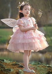 Cute Pink Ruffled Layered Patchwork Tulle Kids Girls Dress Summer