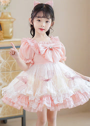 Cute Pink Square Collar Patchwork Bow Kids Mid Dresses Short Sleeve