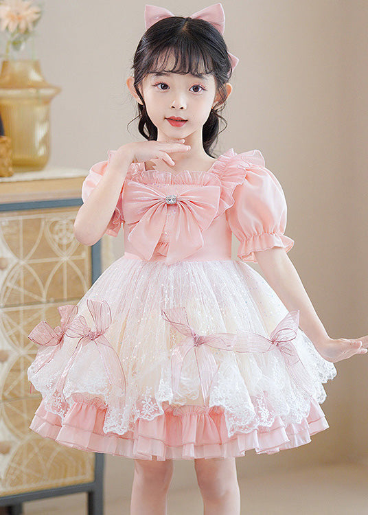 Cute Pink Square Collar Patchwork Bow Kids Mid Dresses Short Sleeve