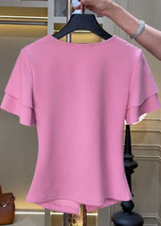 Cute Pink V Neck Floral Wrinkled Top Short Sleeve