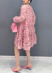 Cute Pink V Neck Ruffled Patchwork Print Chiffon Mid Dress Long Sleeve