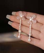 Cute Pink Weave Crystal Pearl Tassel Drop Earrings