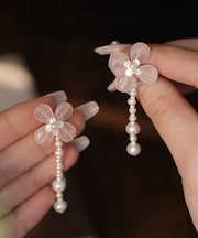 Cute Pink Weave Crystal Pearl Tassel Drop Earrings