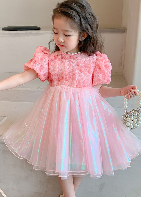 Cute Pink Wrinkled Nail Bead Patchwork Tulle Baby Girls Dress Short Sleeve