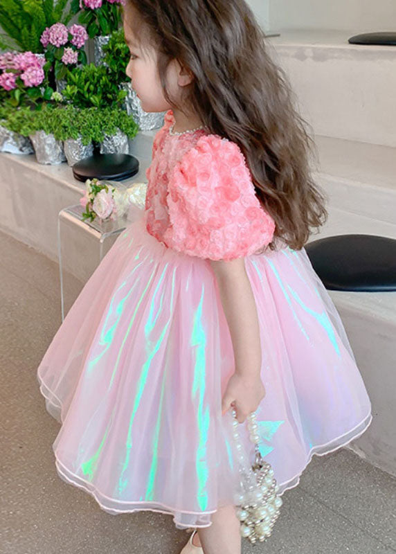 Cute Pink Wrinkled Nail Bead Patchwork Tulle Baby Girls Dress Short Sleeve