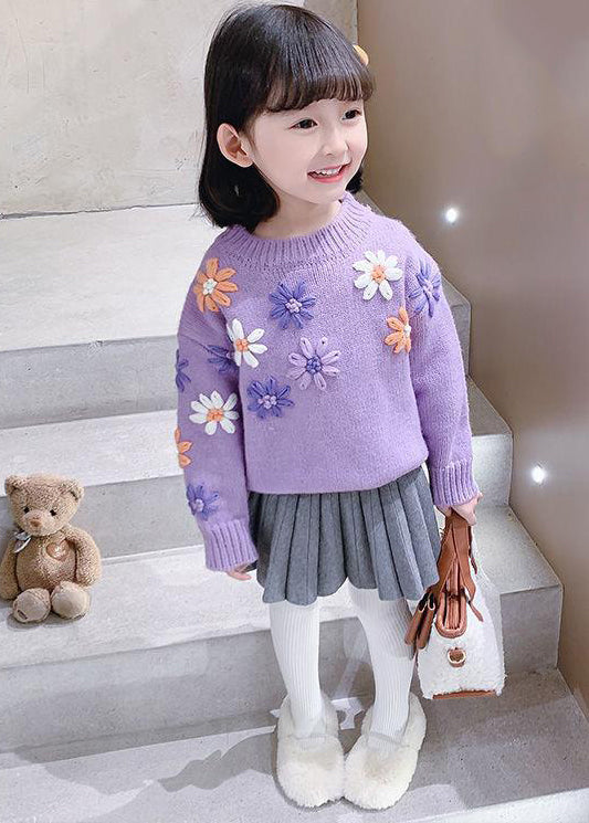 Cute Purple O Neck Floral Thick Knit Kids Girls Knit Pullover Winter