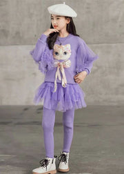 Cute Purple O Neck Sequins Tulle Patchwork Girls Two Pieces Set Fall