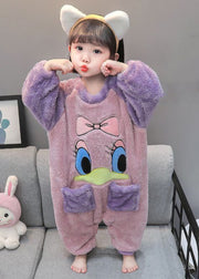 Cute Purple Print Pockets Fluffy Kids Pajamas Jumpsuit Long Sleeve