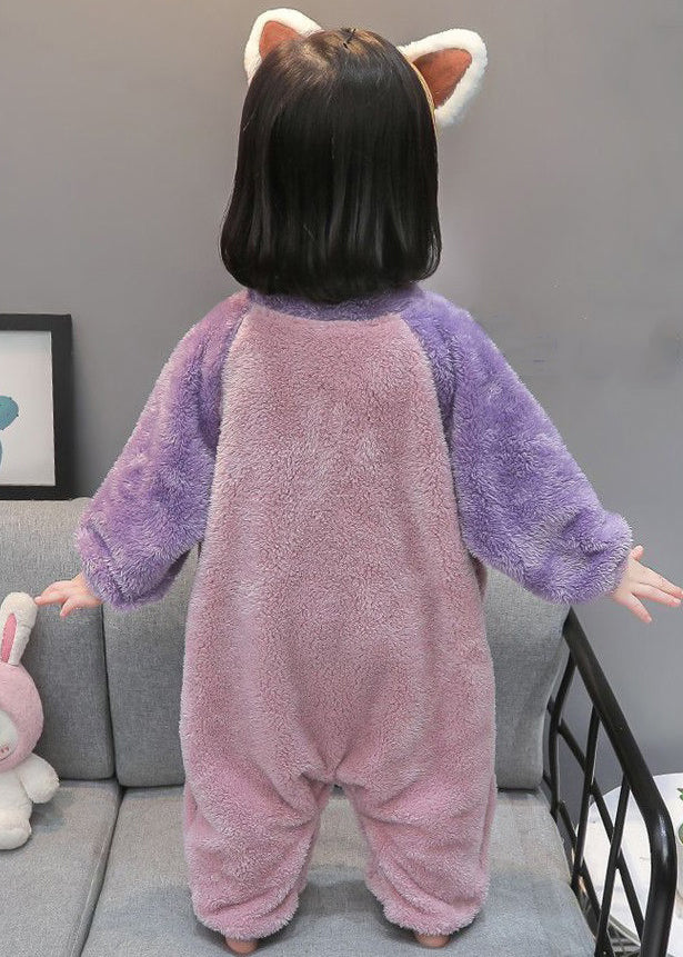 Cute Purple Print Pockets Fluffy Kids Pajamas Jumpsuit Long Sleeve