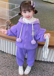 Cute Purple Zippered Coats And Pants Warm Fleece Girls Two Piece Set Spring