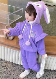 Cute Purple Zippered Coats And Pants Warm Fleece Girls Two Piece Set Spring