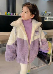 Cute Purple Zippered Patchwork Fluffy Girls Coat Winter