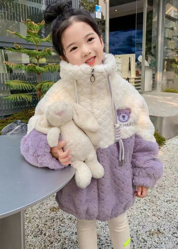 Cute Purple Zippered Patchwork Fluffy Girls Coat Winter