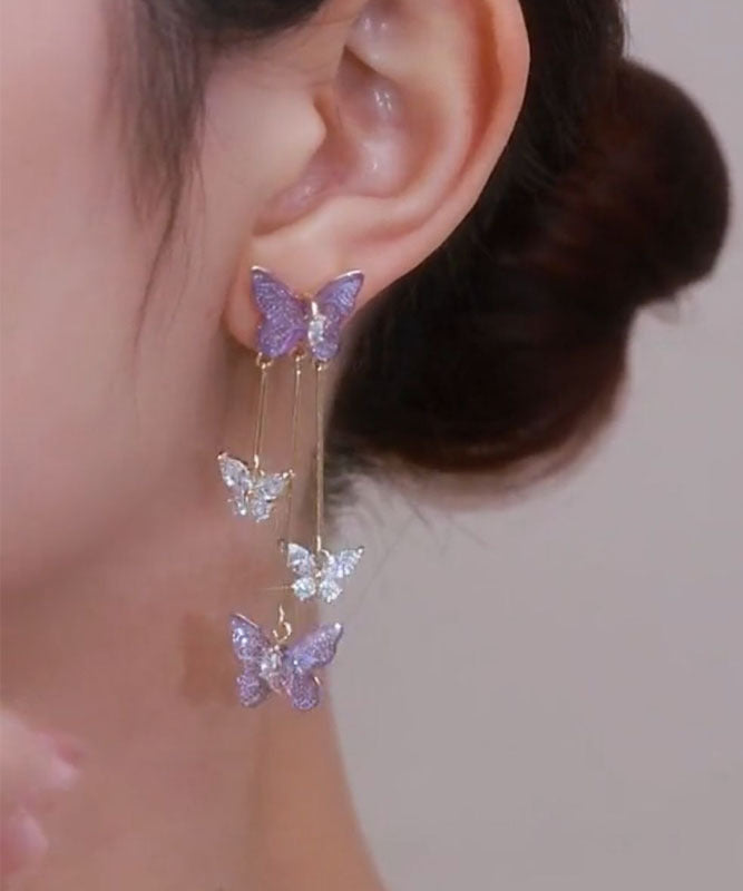 Cute Purple lloy Zircon Crystal Butterfly Tassel Drop Earrings