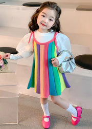 Cute Rainbow O Neck Patchwork Knit Girls Two Piece Set Puff Sleeve