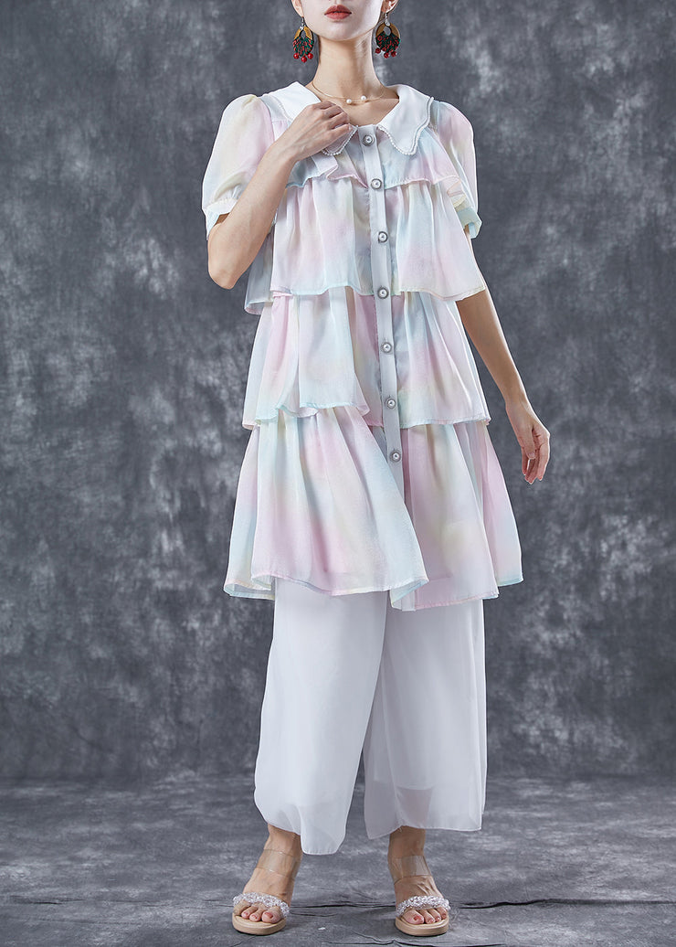 Cute Rainbow Peter Pan Collar Layered Ruffles Chiffon Dresses Summer