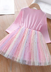 Cute Rainbow Ruffled Sequins Patchwork Tulle Baby Girls Party Dress Long Sleeve