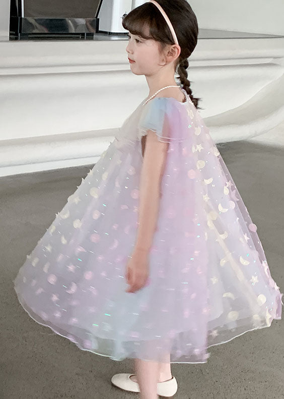 Cute Rainbow Sequins Wrinkled Patchwork Tulle Kids Girls Princess Dress Summer