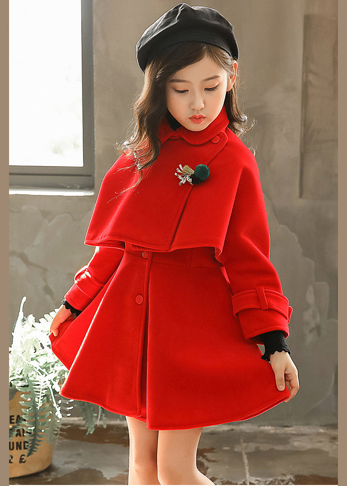 Cute Red Peter Pan Collar Button Girls Thick Two Piece Set Outfits Winter