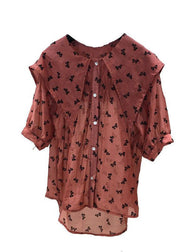 Cute Red Peter Pan Collar Print Chiffon Shirts Tops Summer