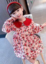 Cute Red Peter Pan Collar Print Cotton Girls Dresses Long Sleeve