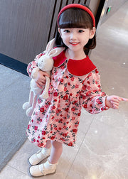 Cute Red Peter Pan Collar Print Cotton Girls Dresses Long Sleeve