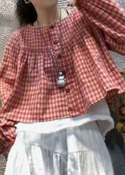 Cute Red Plaid O-Neck Button Cotton Shirt Top Long Sleeve