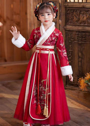 Cute Red Tie Waist Embroideried Patchwork Tulle Kids Maxi Dresses Long Sleeve