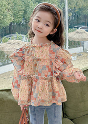 Cute Ruffled Print Cotton Girls Shirt Long Sleeve