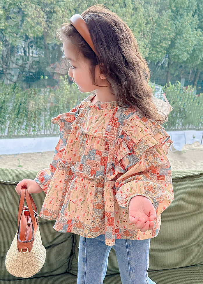 Cute Ruffled Print Cotton Girls Shirt Long Sleeve