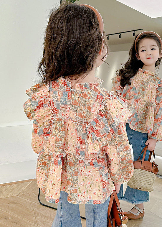 Cute Ruffled Print Cotton Girls Shirt Long Sleeve