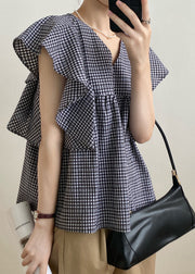 Cute V Neck Plaid Cotton Shirts Top Butterfly Sleeve