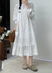 Cute White Embroidered Ruffled Patchwork Wrinkled Cotton Maxi Dress Long Slee