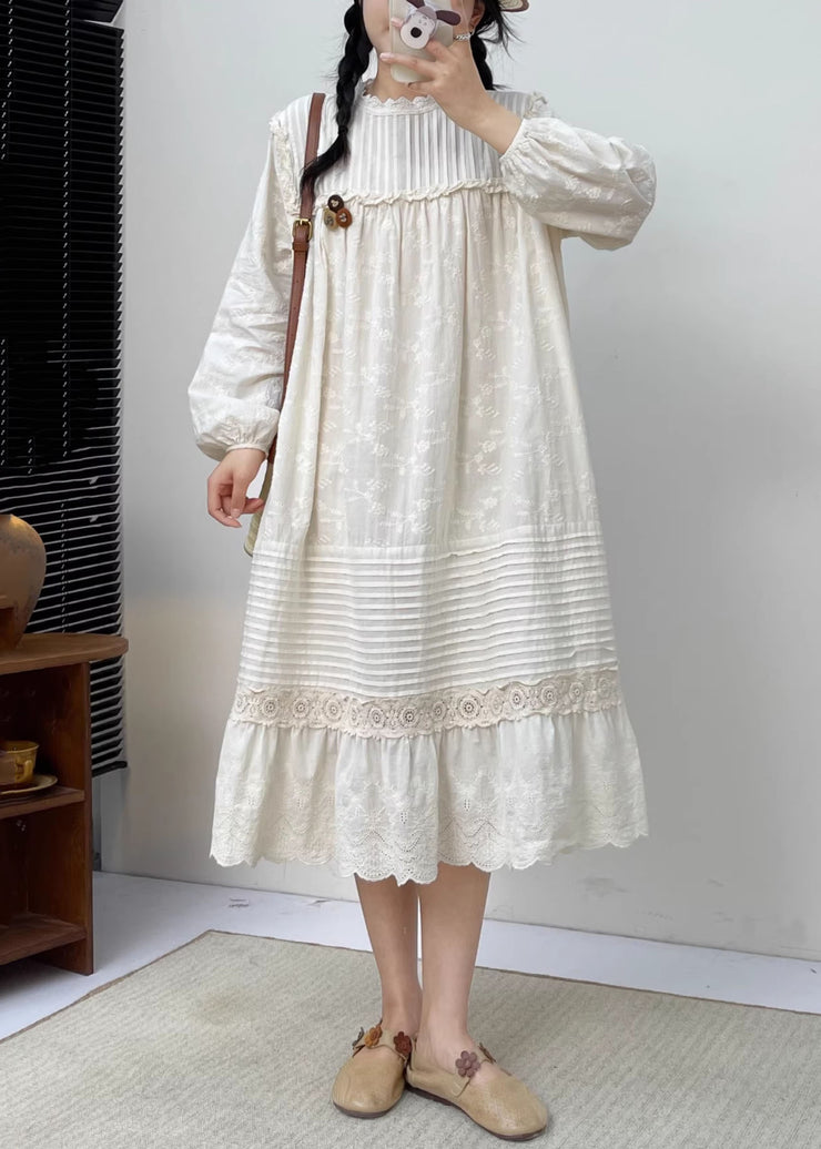 Cute White Embroidered Ruffled Patchwork Wrinkled Cotton Maxi Dress Long Slee