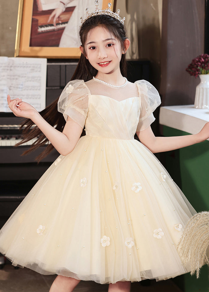 Cute White Embroideried Patchwork Tulle Girls Long Dresses Short Sleeve