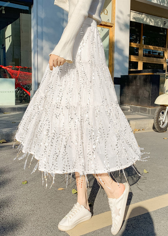 Cute White High Waist Tassel Tulle A Line Skirts Spring