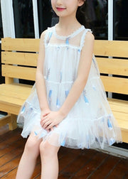 Cute White O-Neck Sequins Patchwork Tulle Girls Mid Dress Summer