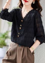 Cute White V Neck Lace Patchwork Button Chiffon Shirt Fall