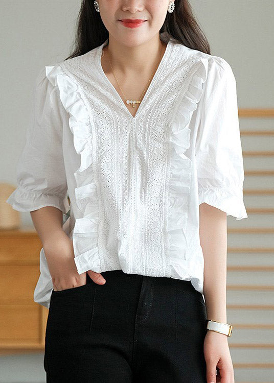 Cute White V Neck Ruffled Linen T Shirt Half Sleeve