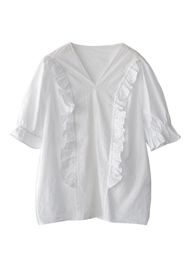 Cute White V Neck Ruffled Linen T Shirt Half Sleeve