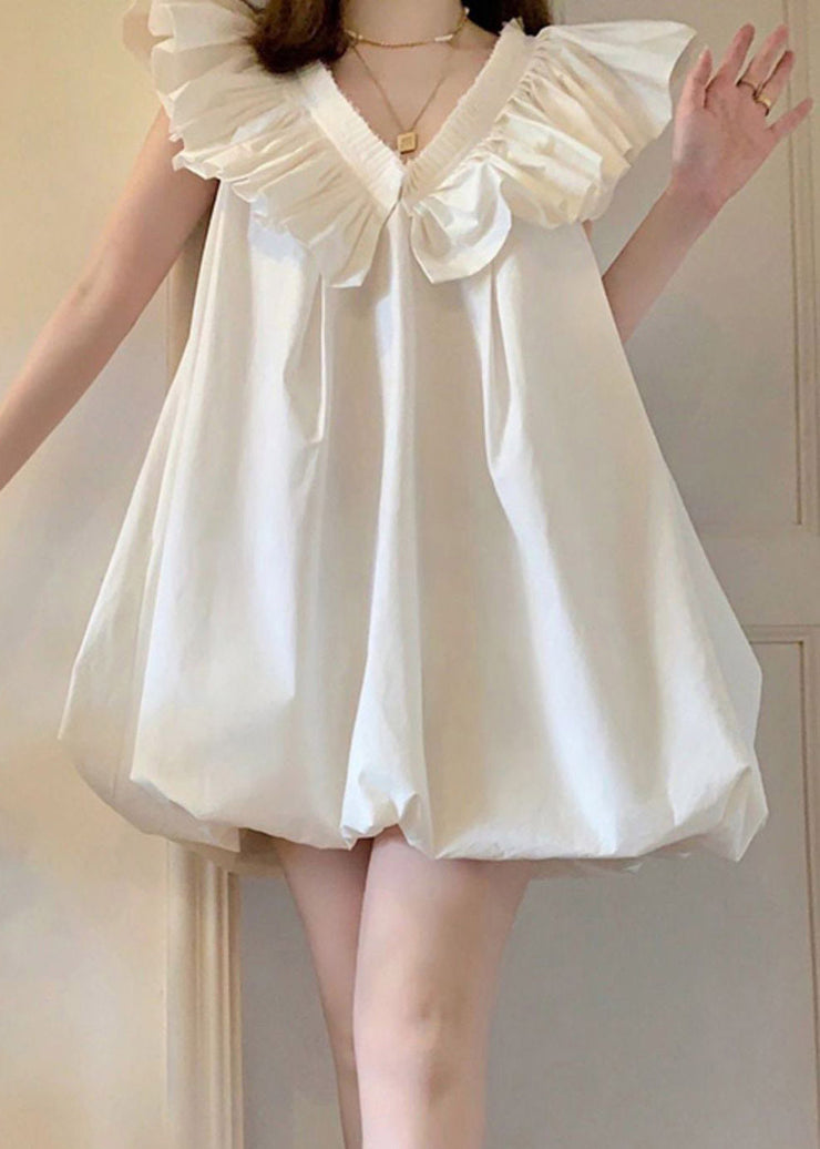 Cute White V Neck Ruffled Mid Dress Short Sleeve