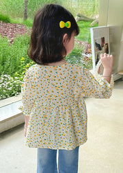 Cute Yellow O-Neck Print Cotton Girls Top Half Sleeve