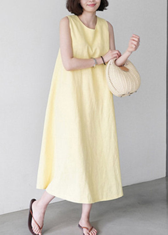 Cute Yellow O-Neck Solid Long Slip Dresses Summer