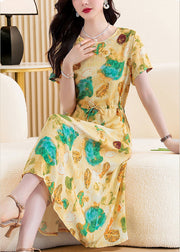 Cute Yellow Print Tie Waist Maxi Dresses Short Sleeve