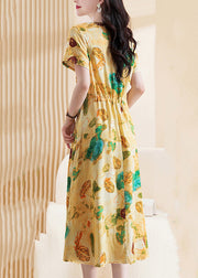 Cute Yellow Print Tie Waist Maxi Dresses Short Sleeve